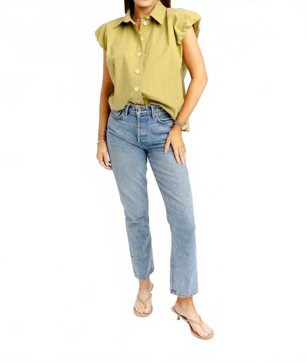 NEW KARLIE solid poplin bubble sleeve button top in citrine